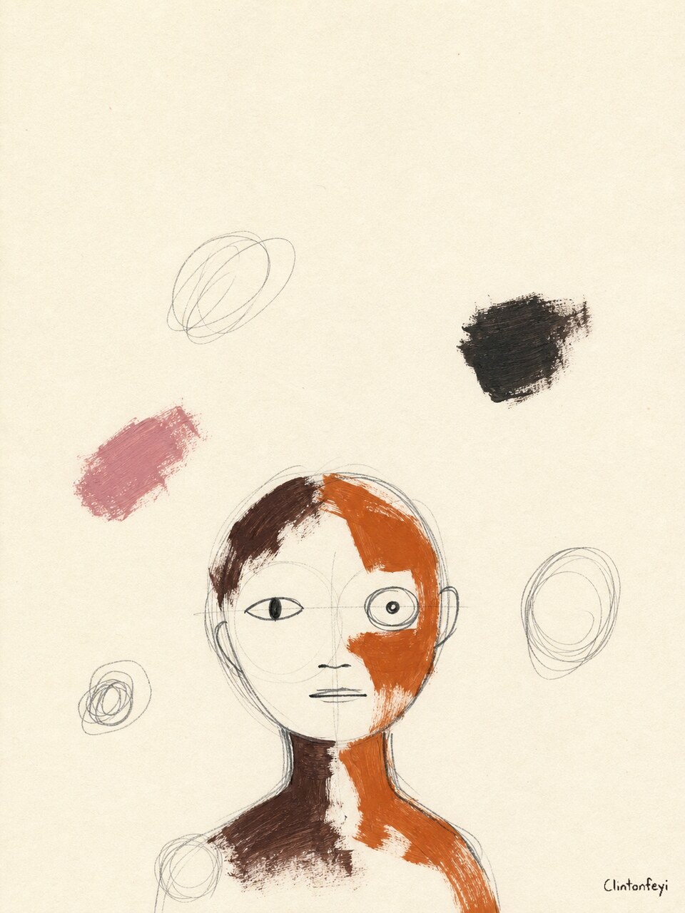 A Little Overwhelmed, an unfinished portrait surrounded by sparse graphite, black, and dusty-pink marks