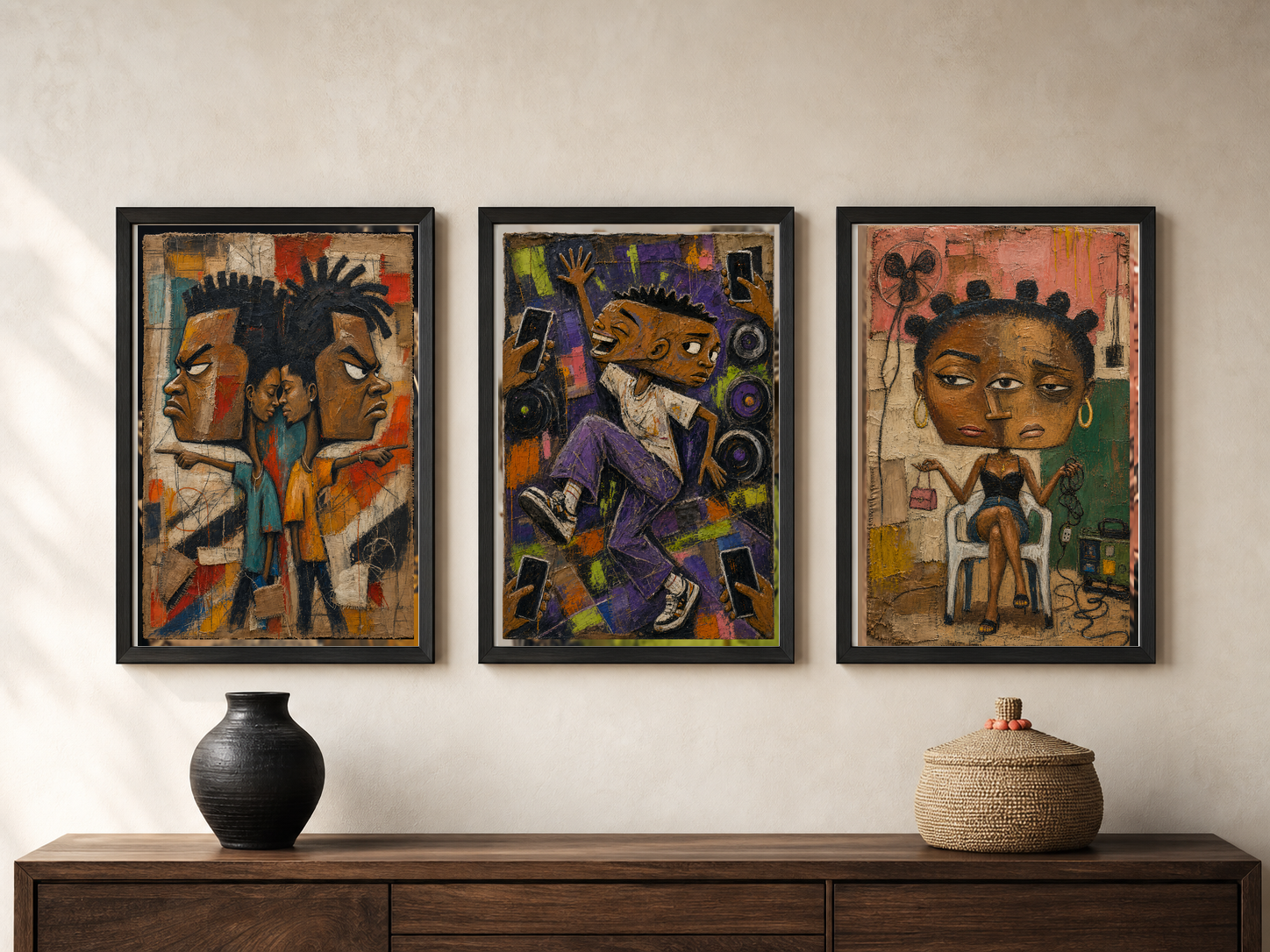 The three selected No Vex artworks shown together in matching black frames