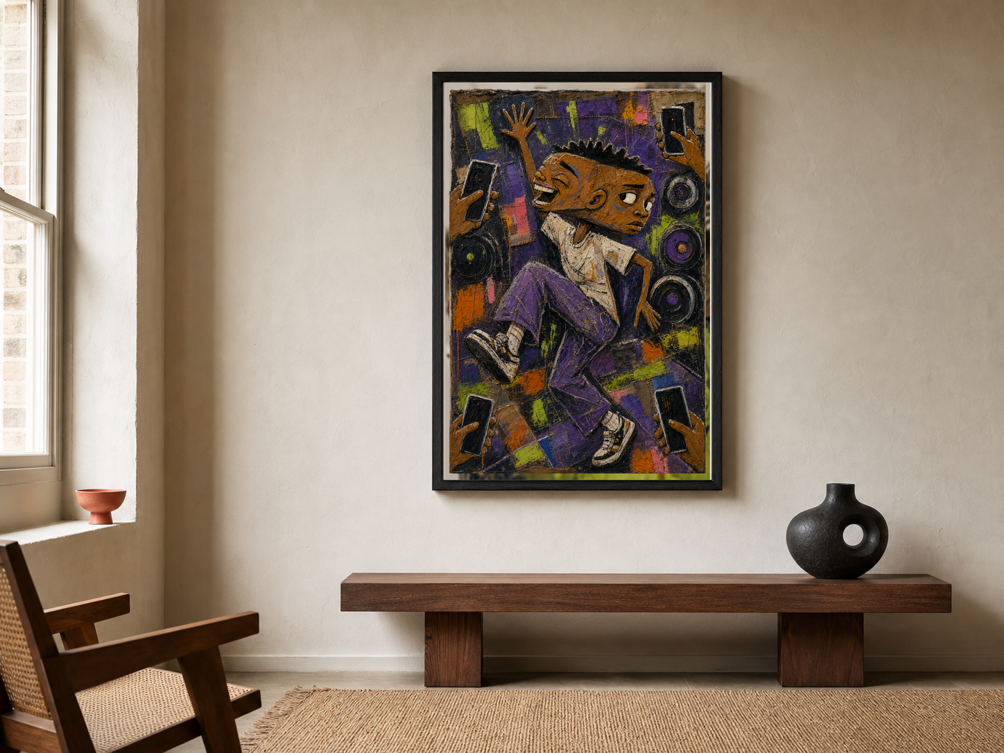 Outside, Still Online shown in a black frame on a warm minimalist wall
