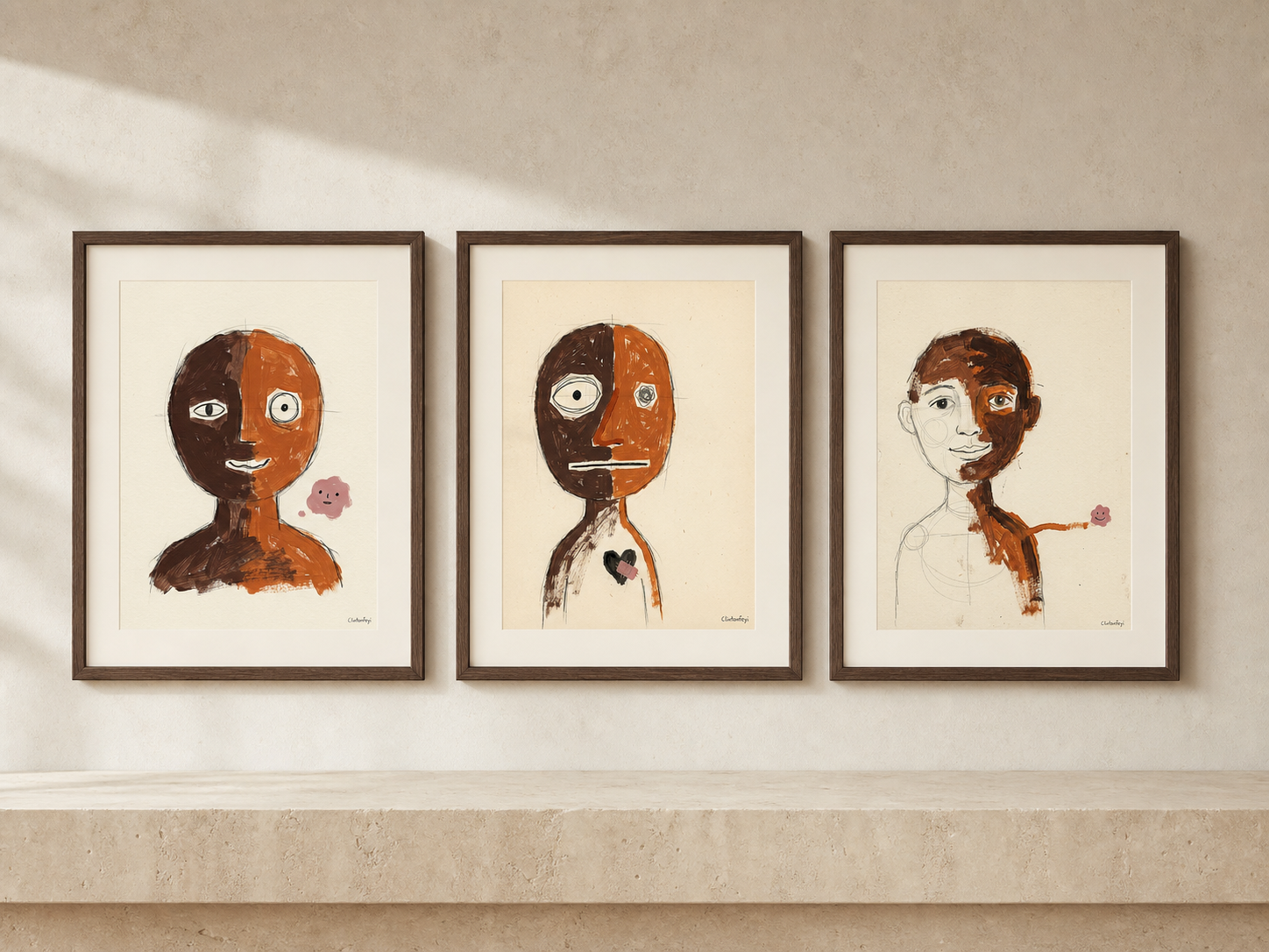 Three framed Fewertools Editions artworks arranged on a warm limestone wall