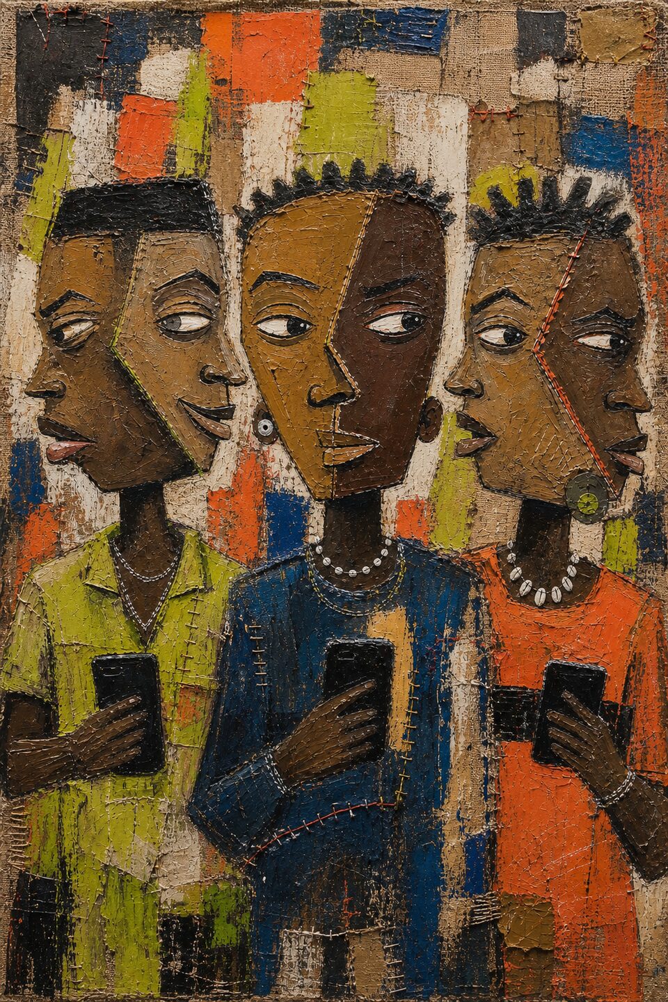 Everybody Is Typing, three young Nigerian adults with paired public and private expressions
