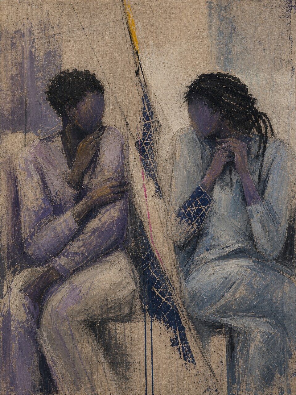 Everything Feels Personal, two Nigerian women in a textured purple and rust interior divided by a green fractured line