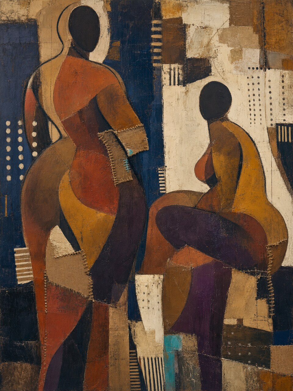Found Between Shapes, two adult Black women constructed from stitched rust, ochre, plum, and indigo forms