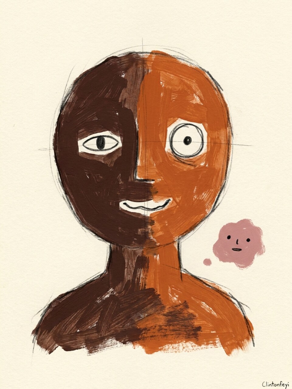 Happy, Somehow, a split brown and orange face with mismatched eyes and a small pink companion