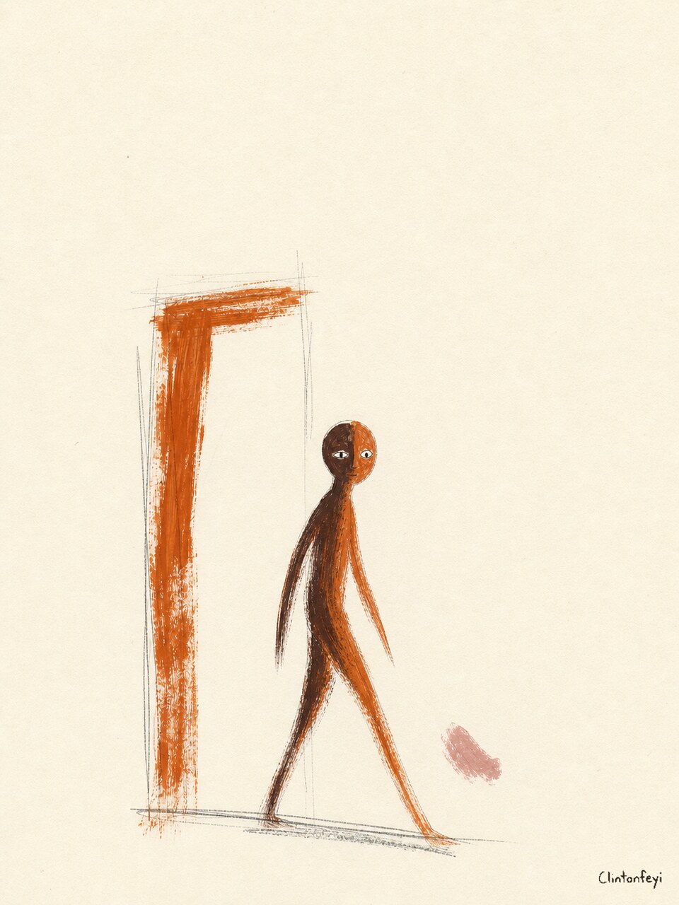 Here, Anyway, an elongated brown and orange figure stepping beyond a burnt-orange doorway