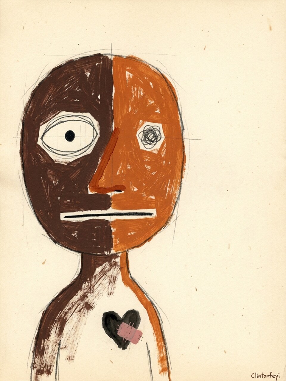 I'm Fine, Obviously, a deadpan face with mismatched eyes and a black heart with a pink repair mark