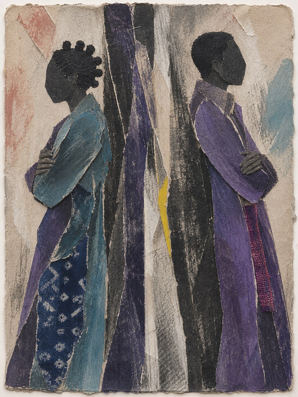 No One Wants to Be Wrong, two Nigerian figures built from torn paper, textile, rust, blue, and plum shapes
