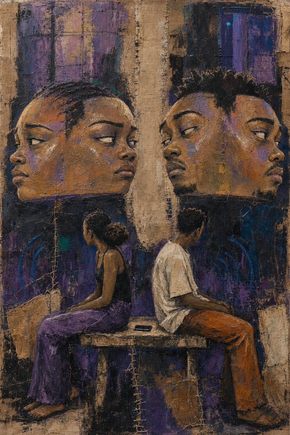 Read at 2:17, two young Nigerian adults sitting back to back while their private faces turn toward each other