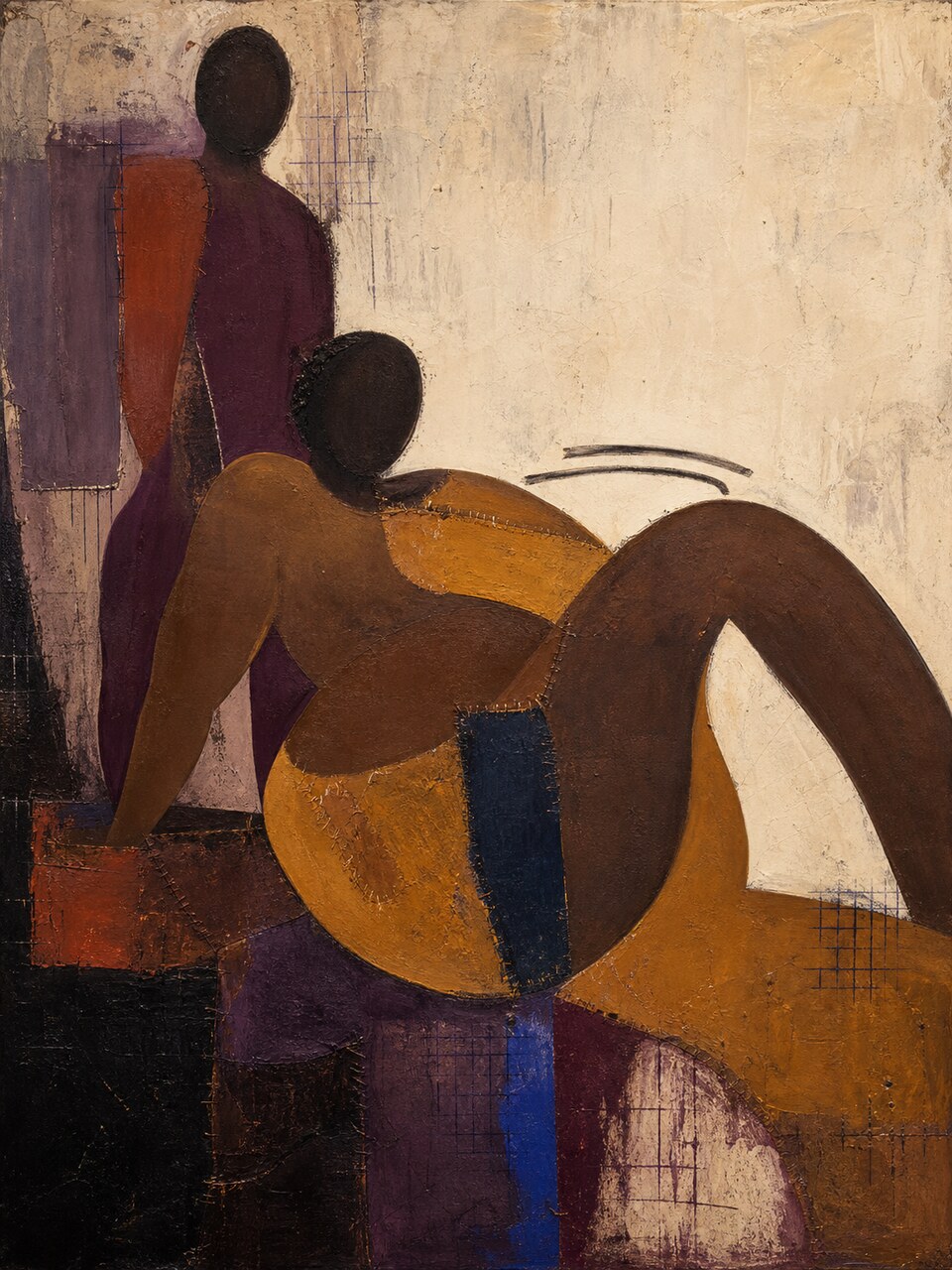 Room Enough, a reclining adult Black woman and a standing figure emerging from cocoa, saffron, plum, and indigo shapes