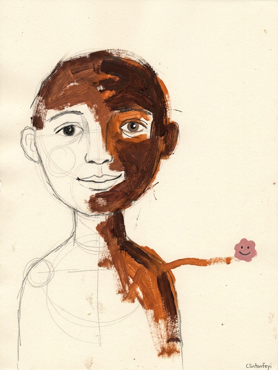 Still Becoming, a half-finished figure with an orange path leading to a small pink companion