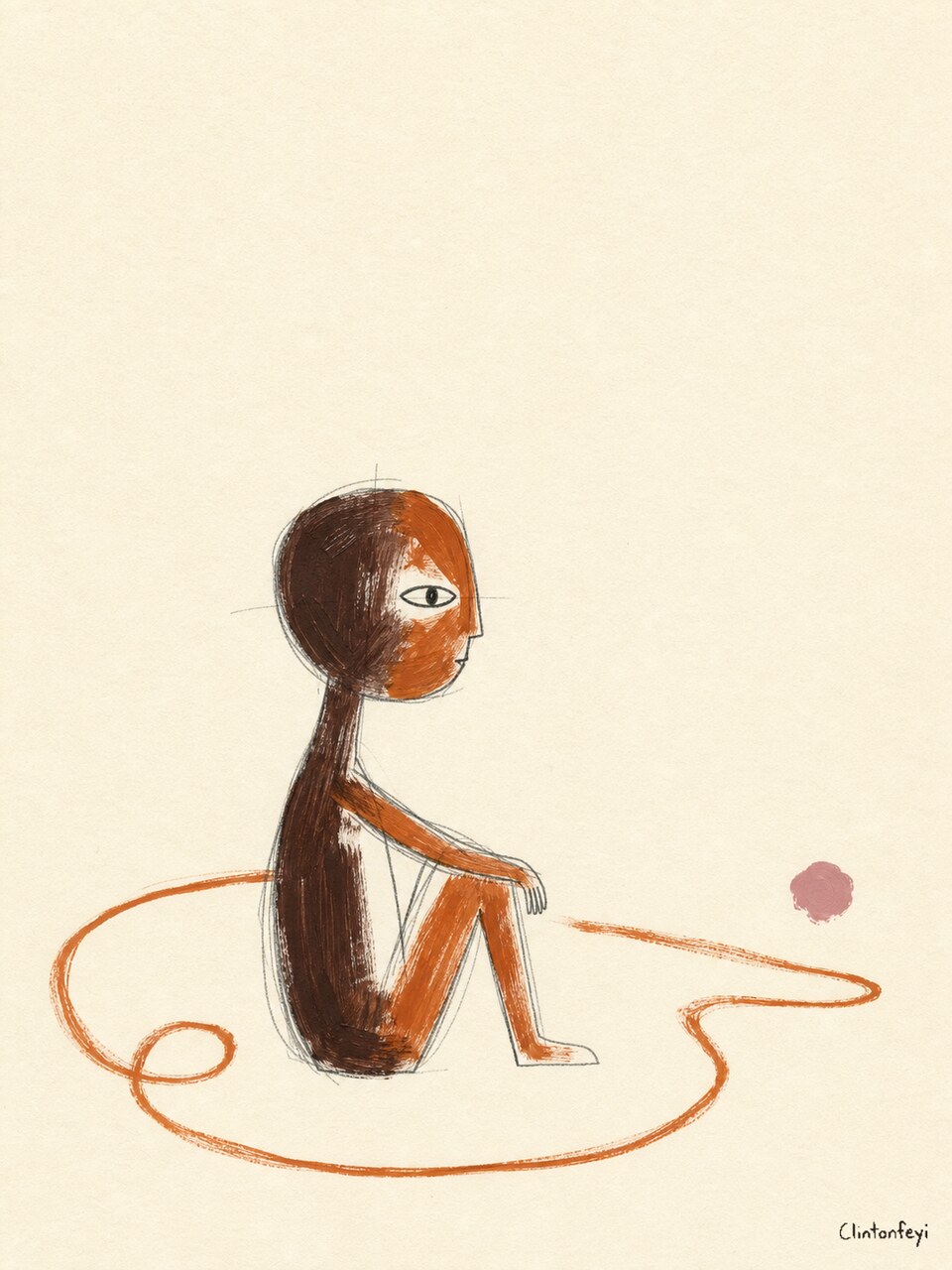Taking My Time, a seated brown and orange figure surrounded by one looping path