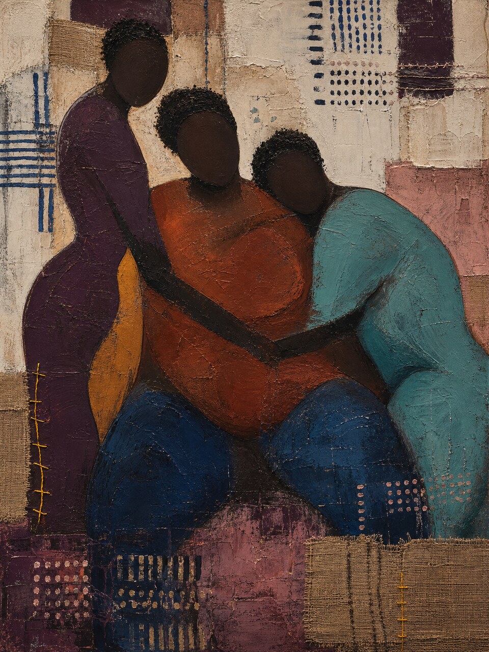 The Body Remembers, three adult Black women leaning together in plum, rust, turquoise, and indigo forms