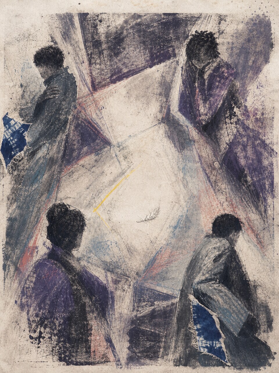 The Room Flinched First, Nigerian women in a deep indigo room reacting around a small suspended feather