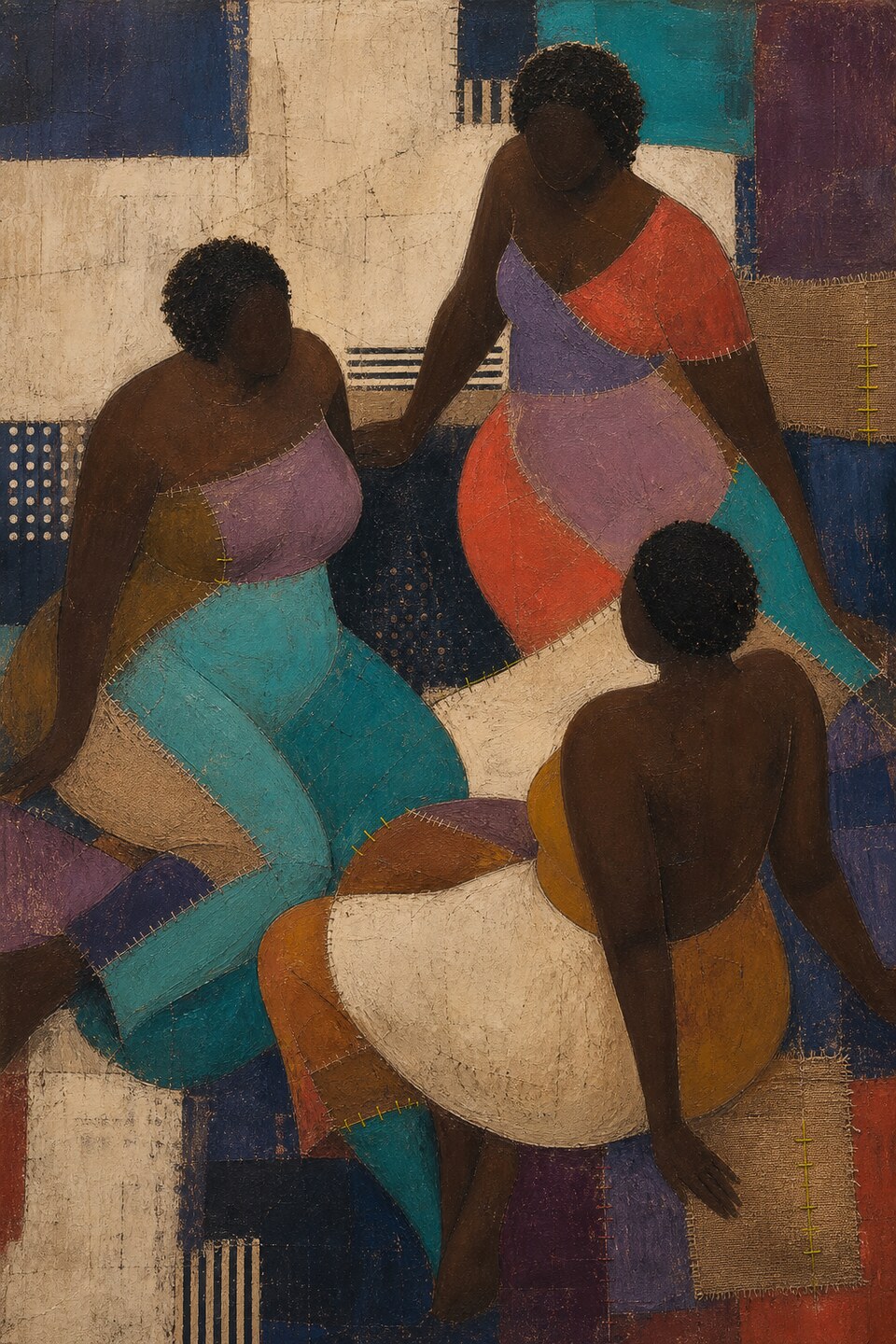 The Shape of Ease, three adult Black women arranged around a quiet centre in turquoise, coral, lilac, indigo, and chalk forms