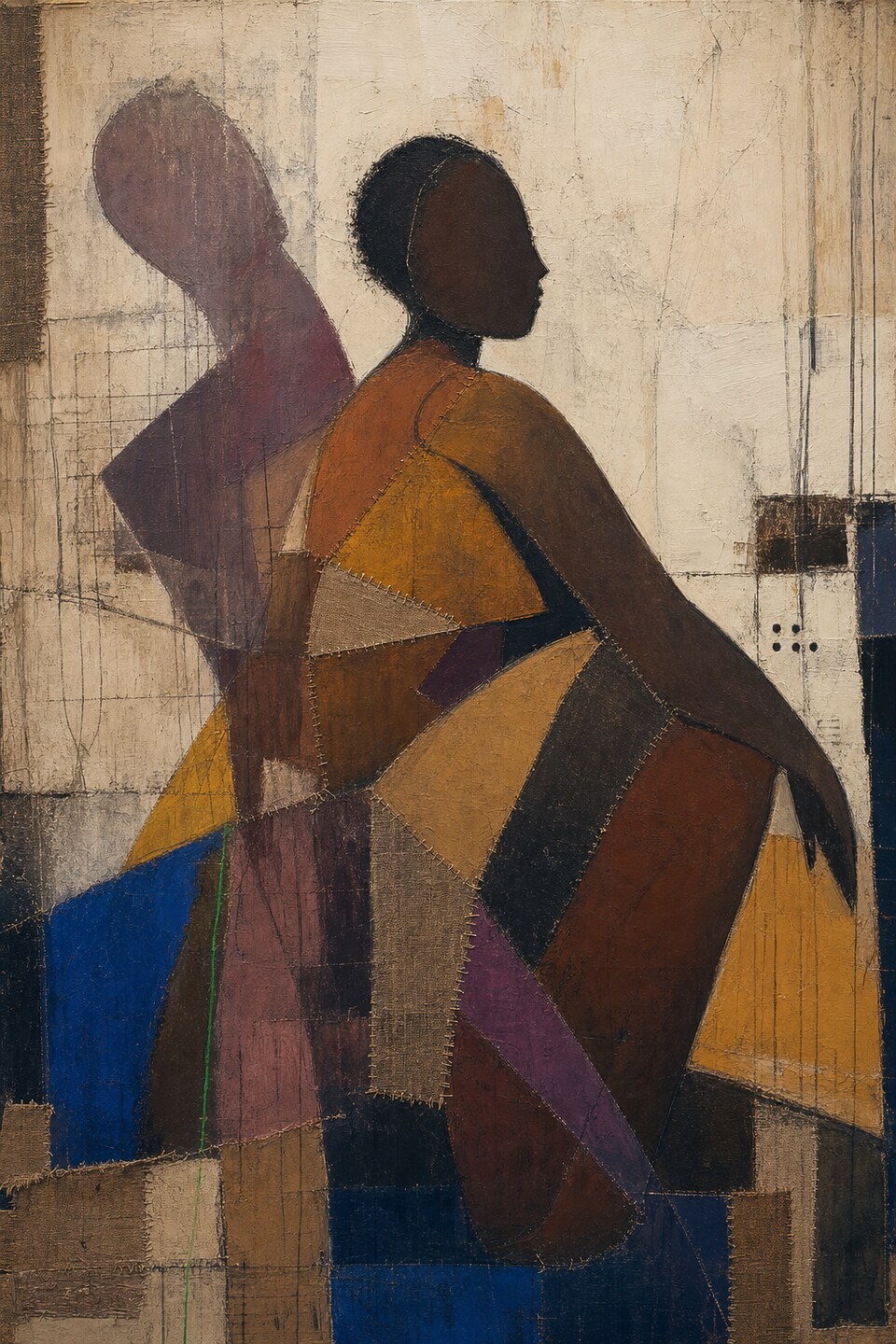 Unfolding Without Apology, an adult Black woman turning beside a faded former outline in umber, saffron, cobalt, clay, and plum