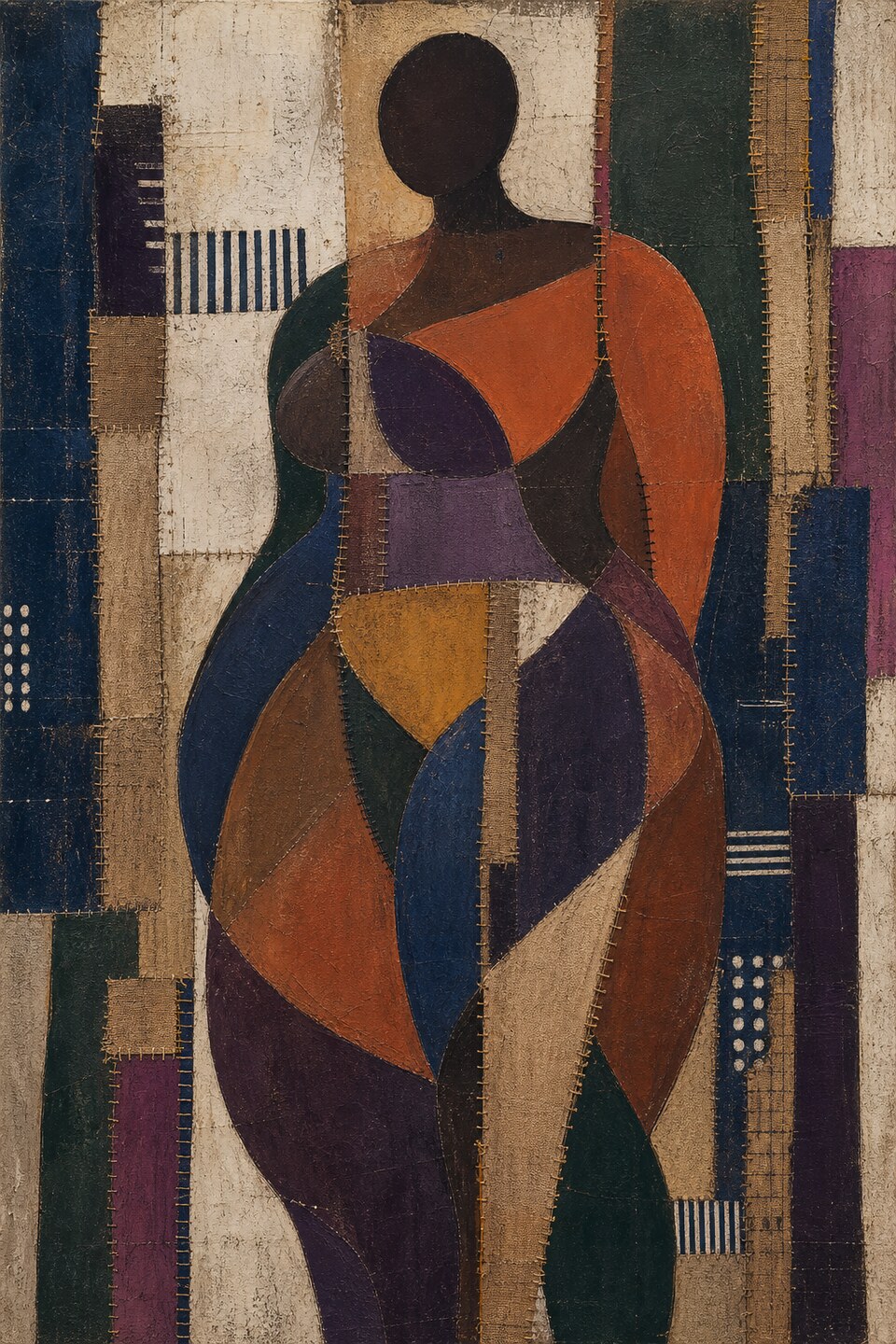 Whole Without Witness, an adult Black woman assembled from indigo, aubergine, orange, bottle green, and stitched canvas strips