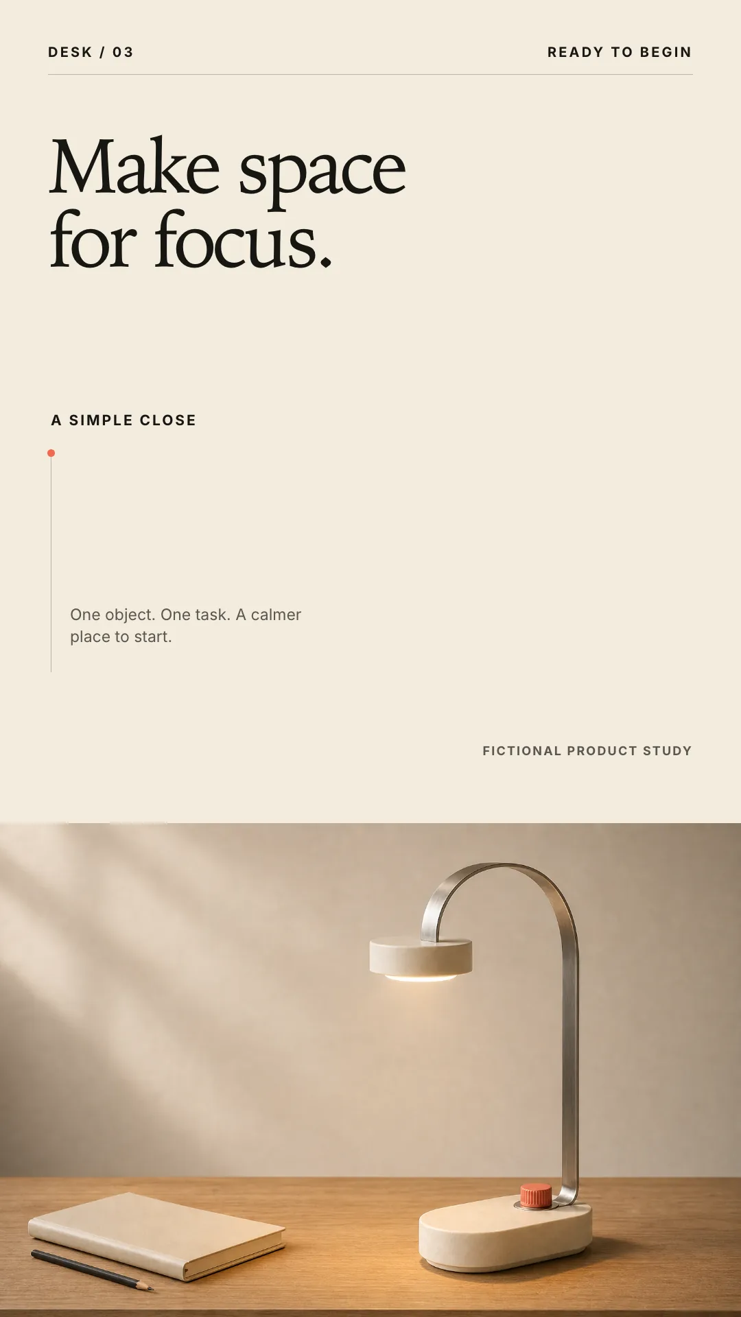 A minimal portable focus lamp on a warm editorial background.