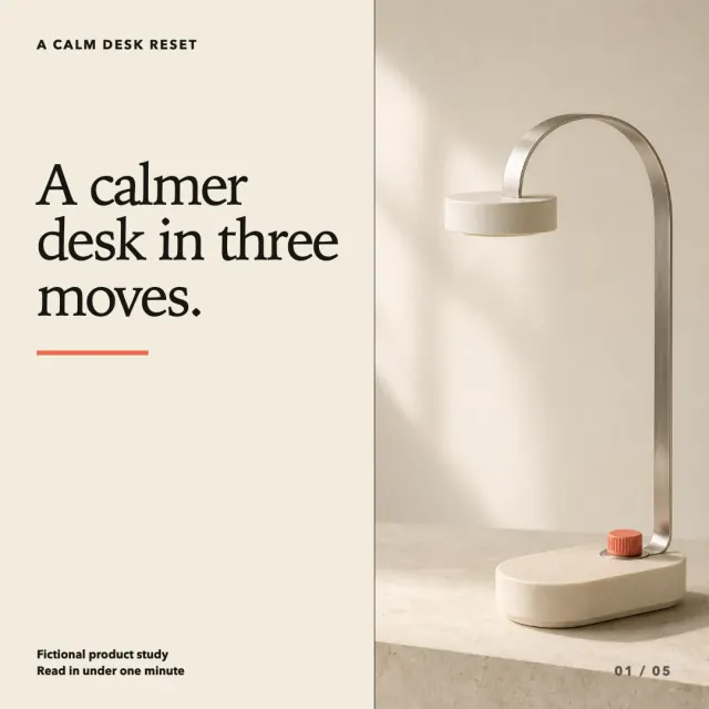 A minimal editorial carousel cover introducing a calm desk reset.
